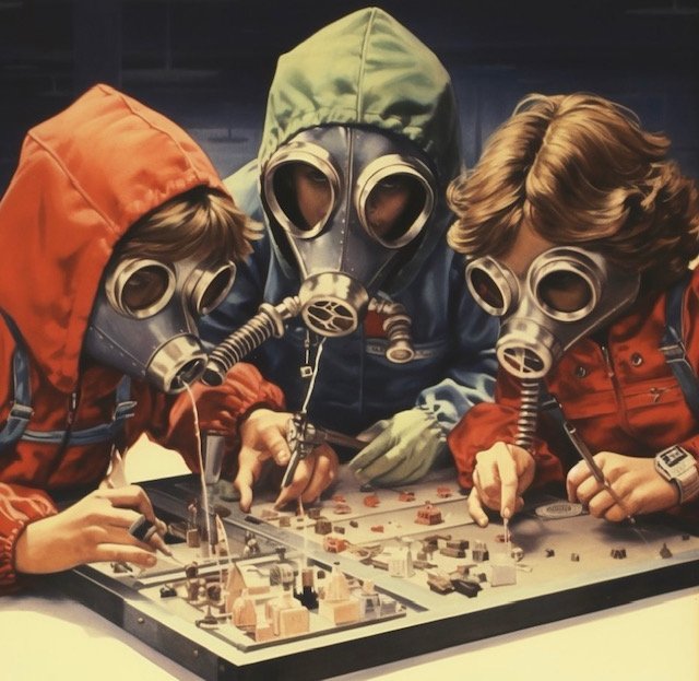 Photo of an AI generated image of children playing a game with gas masks on